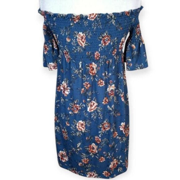 XHILARATION BLUE/GREEN FLORAL SMOCKED OFF-THE-SHOULDER DRESS SZ.S EUC. - Picture 6 of 9
